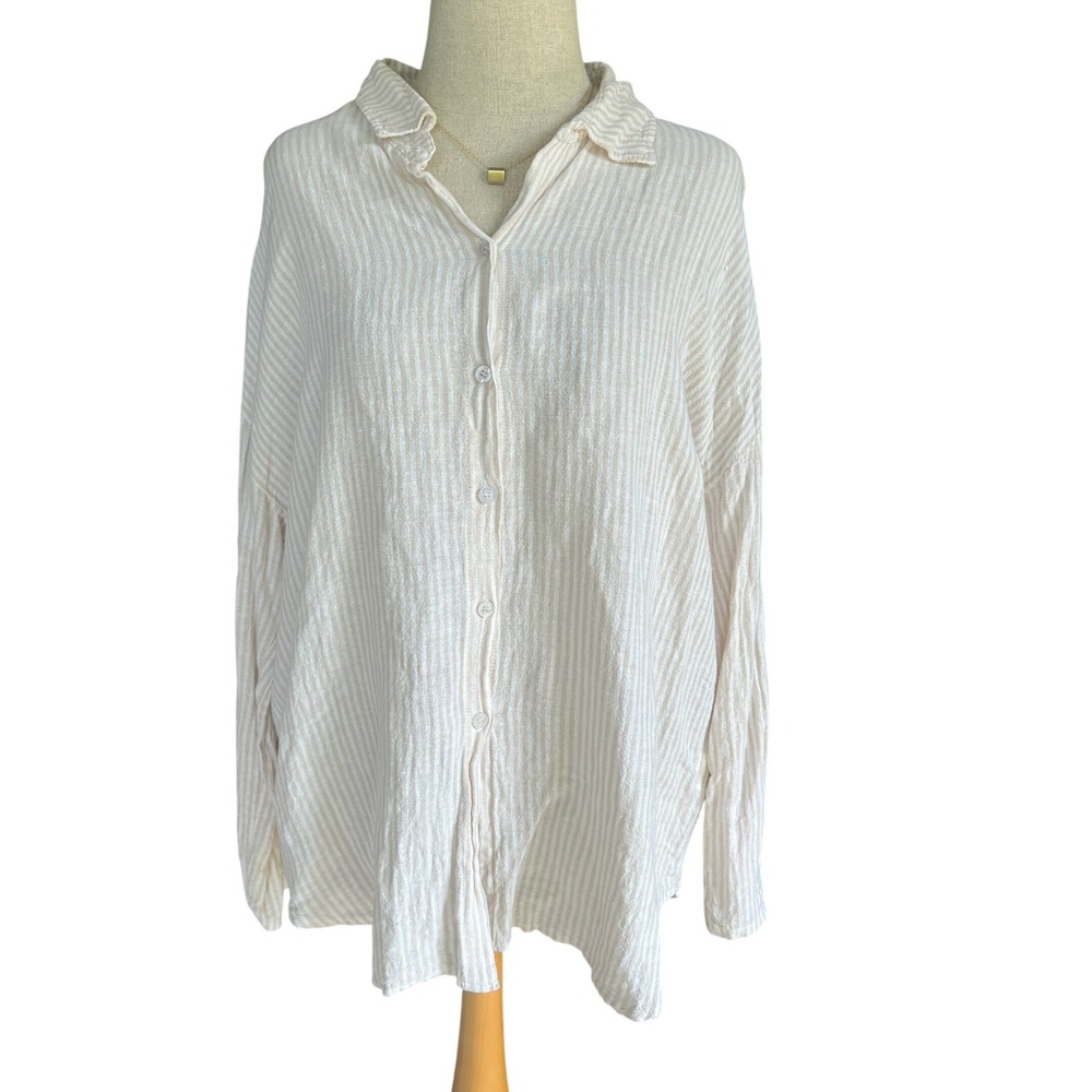 Scandal Italy Angel Beige White Striped Linen Blend Button Down Shirt Small Chic